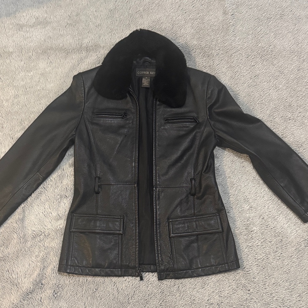 Copper Key Black Leather Jacket with Faux Fur Trim